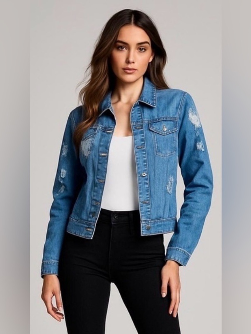 J Jill Blue Embroidered Floral Jean Jacket Size S